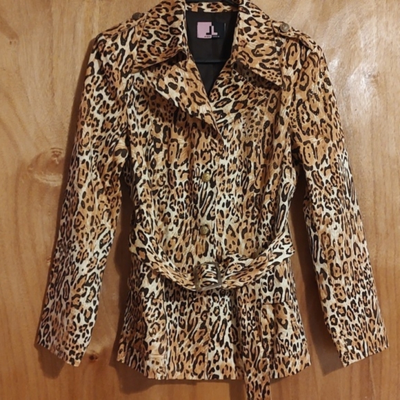 JL New York Jackets & Blazers - JL New York Sparkly Belted Trench Coat Gold Brown Cream Leopard Print Size Med